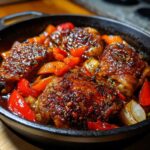 Close-up of juicy slow cooker honey garlic chicken thighs in a cast iron skillet with red peppers and onions.