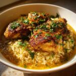 A close-up of slow cooker lemon herb chicken and rice in a bowl, garnished with fresh parsley.