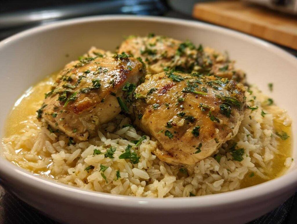 A bowl of fluffy white rice topped with three pieces of golden-brown slow cooker lemon herb chicken, garnished with fresh parsley.