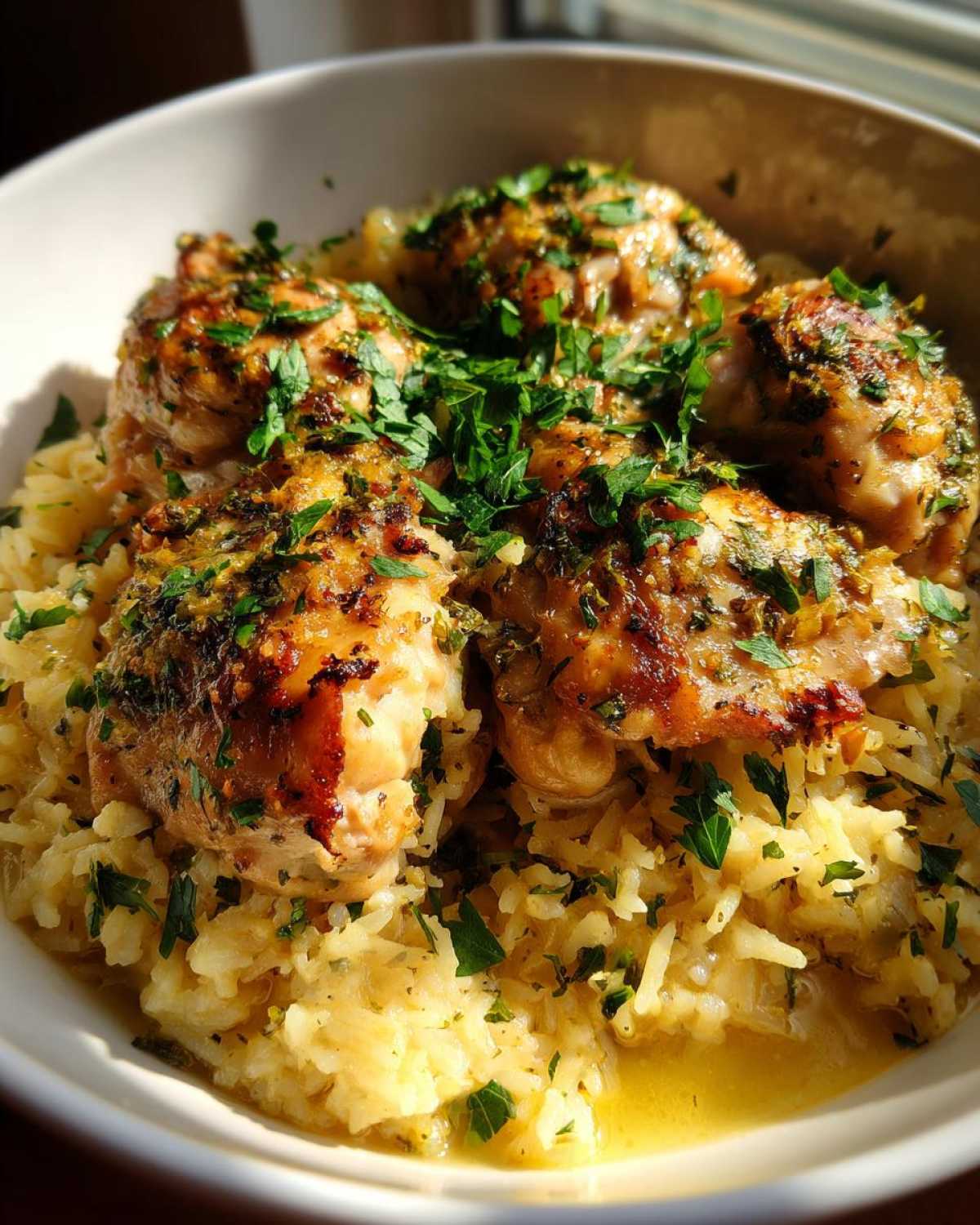 A close-up of slow cooker lemon herb chicken and rice in a white bowl, garnished with fresh parsley.