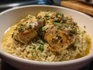A bowl of fluffy white rice topped with three pieces of golden-brown slow cooker lemon herb chicken, garnished with fresh parsley.
