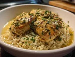 A bowl of fluffy white rice topped with three pieces of golden-brown slow cooker lemon herb chicken, garnished with fresh parsley.