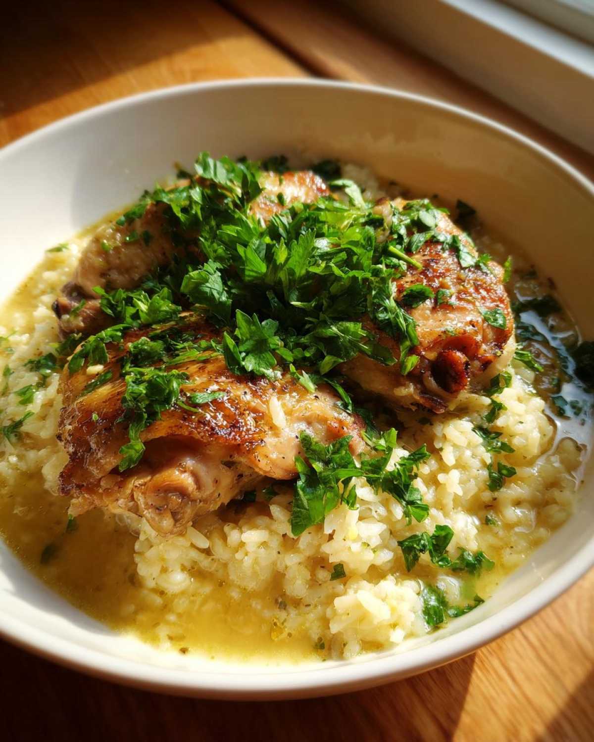 A bowl of slow cooker lemon herb chicken and rice topped with fresh parsley.