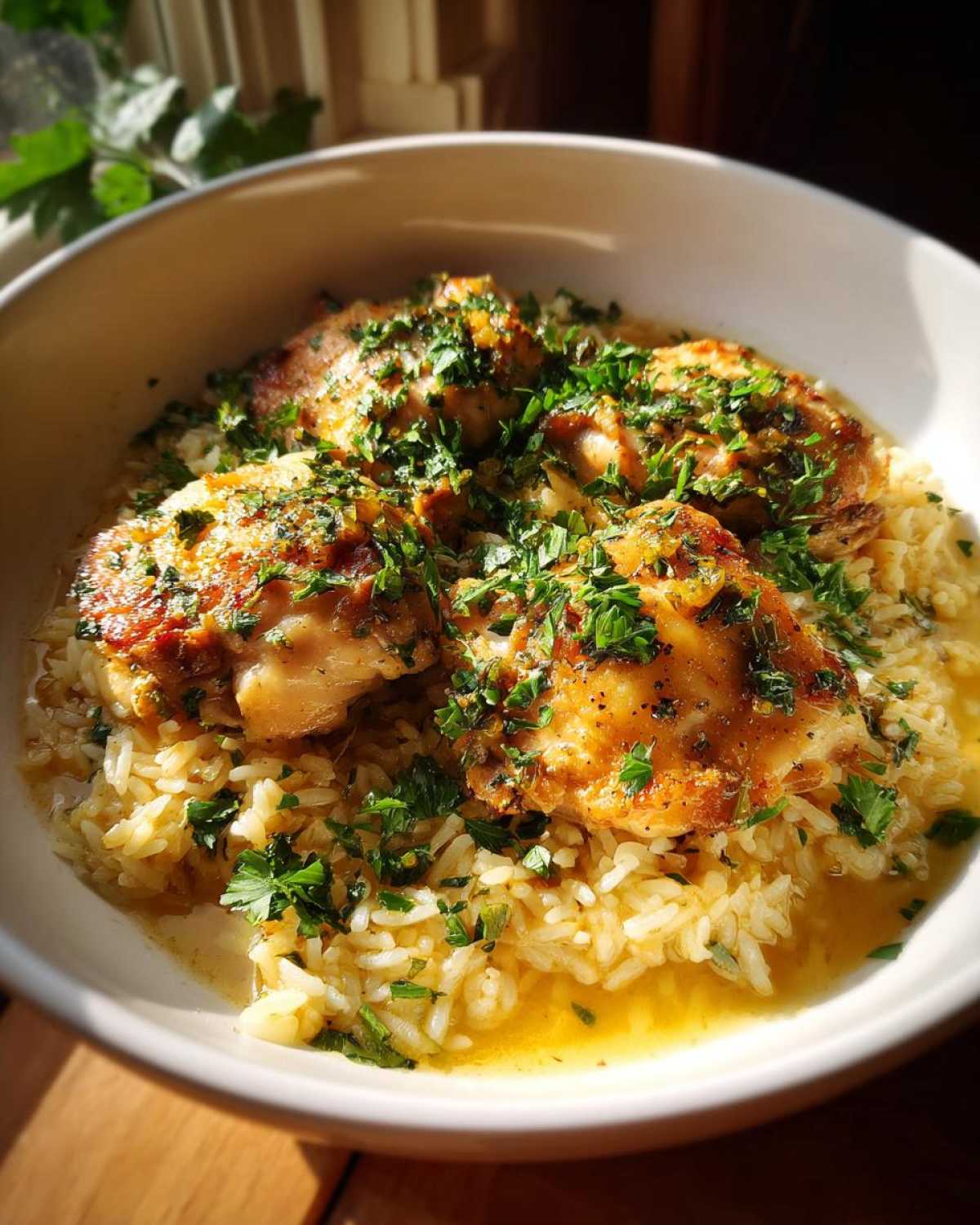 A bowl of slow cooker lemon herb chicken and rice, topped with fresh parsley and a flavorful sauce.