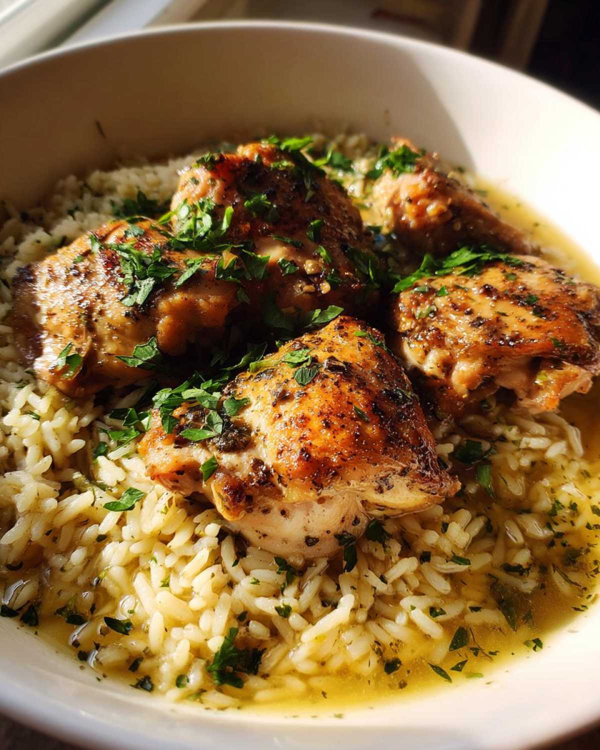 A close-up of slow cooker lemon herb chicken and rice, with tender chicken pieces on top of fluffy rice, garnished with fresh parsley.