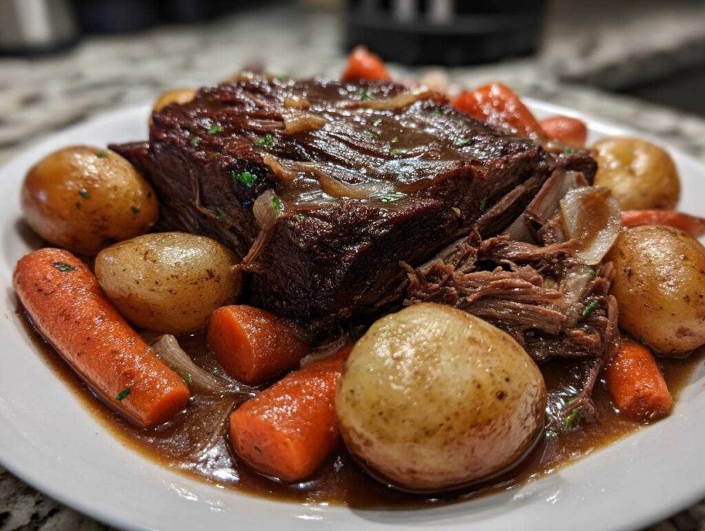 A close-up of a tender slow cooker pot roast, surrounded by carrots and potatoes, in a rich gravy.