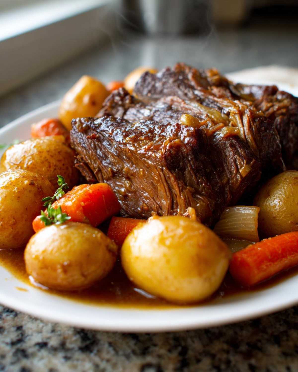 A close-up of a tender slow cooker pot roast served with potatoes, carrots, and onions in a rich gravy.