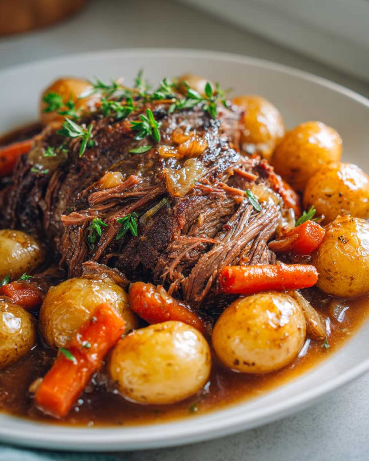 A close-up of a tender slow cooker pot roast served with baby potatoes and carrots in a rich gravy, garnished with fresh thyme.
