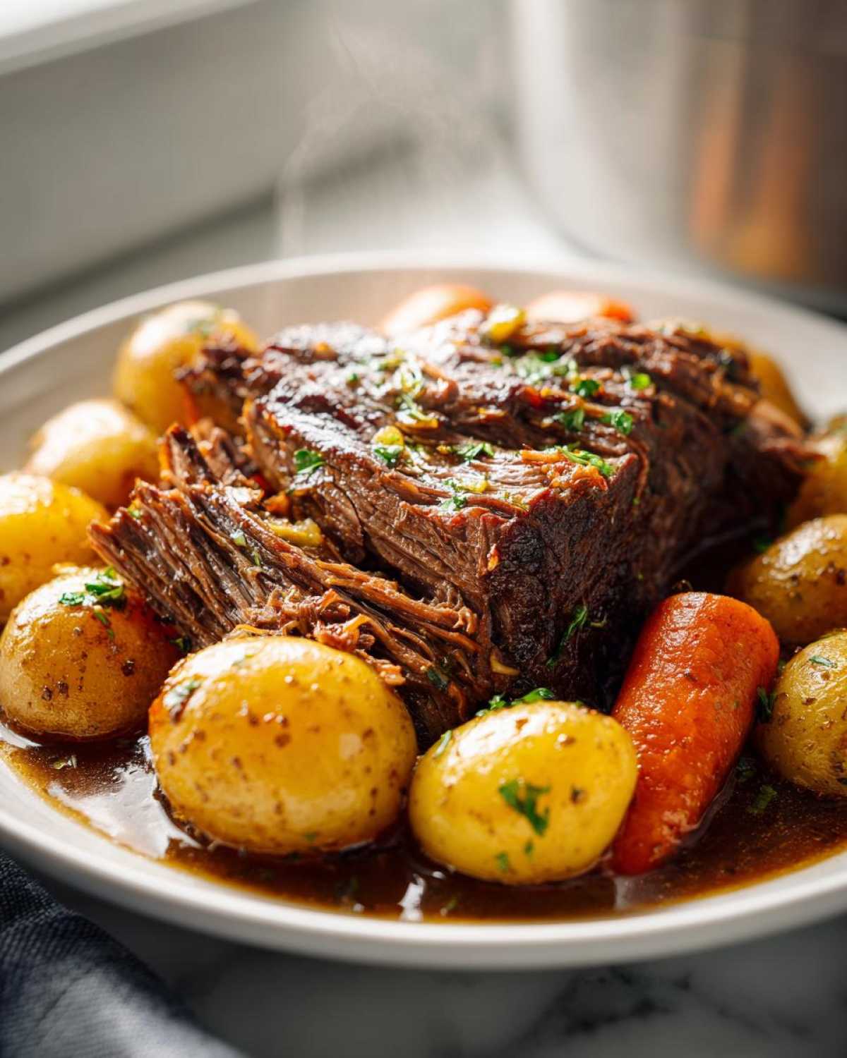 A close-up of a tender slow cooker pot roast served with whole baby potatoes and carrots in a rich gravy.