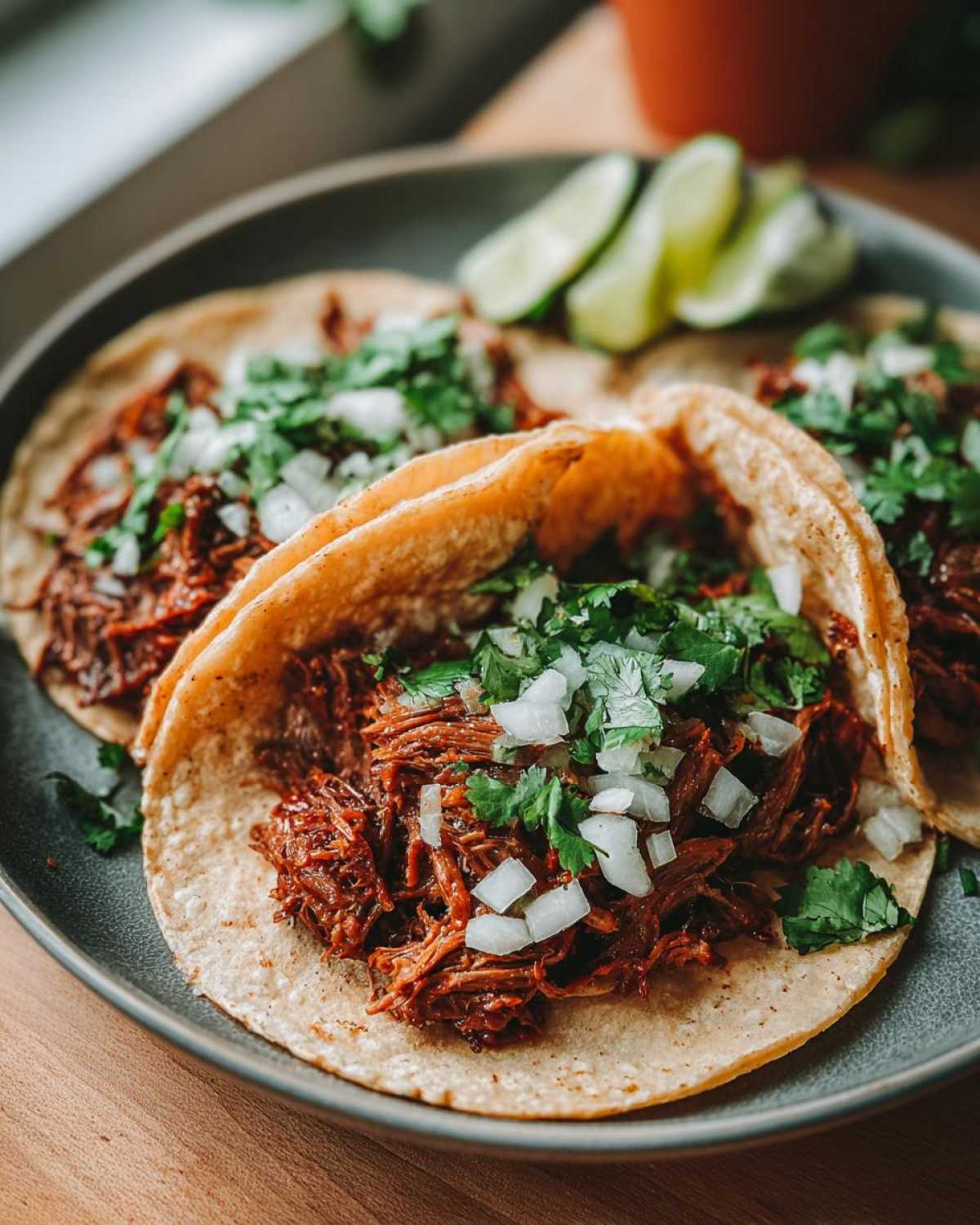 Three delicious slow cooker shredded beef tacos topped with onions and cilantro, served with lime wedges.