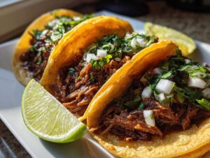 Three delicious slow cooker shredded beef tacos topped with cilantro and onions, served with lime wedges.