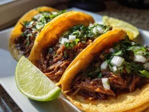 Three delicious slow cooker shredded beef tacos topped with cilantro and onions, served with lime wedges.