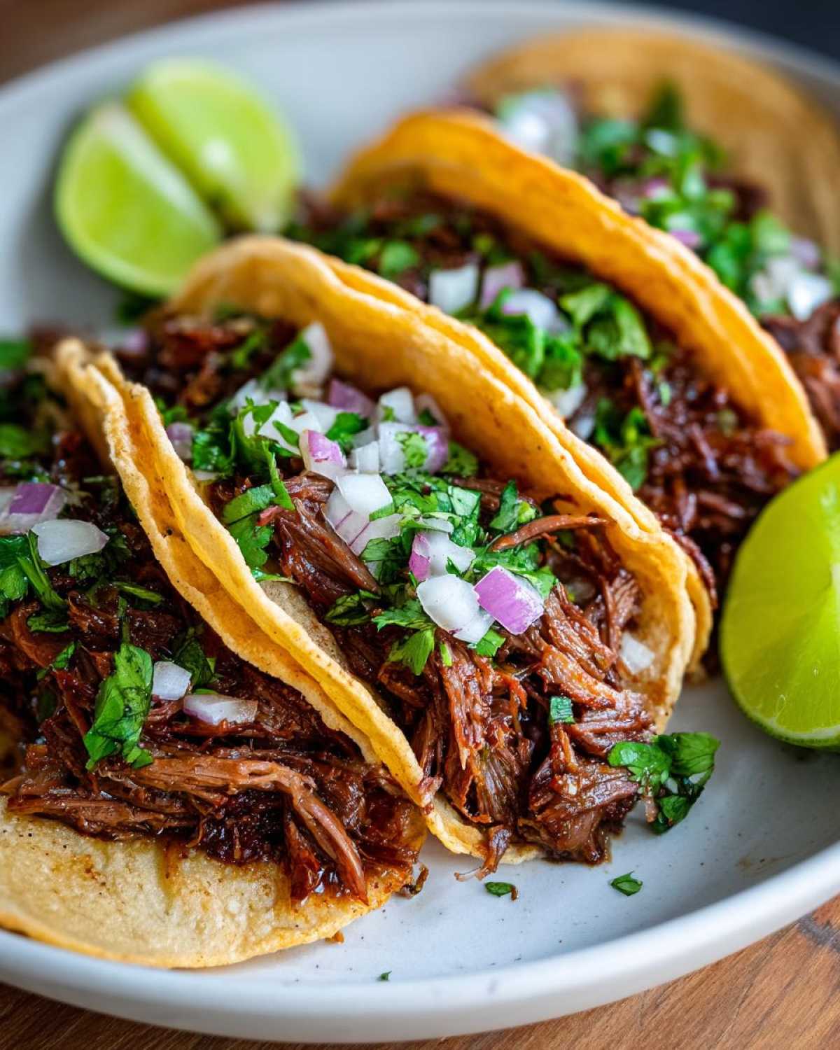 Close-up of three Slow Cooker Shredded Beef Tacos filled with tender beef, topped with red onion and cilantro, served with lime wedges.