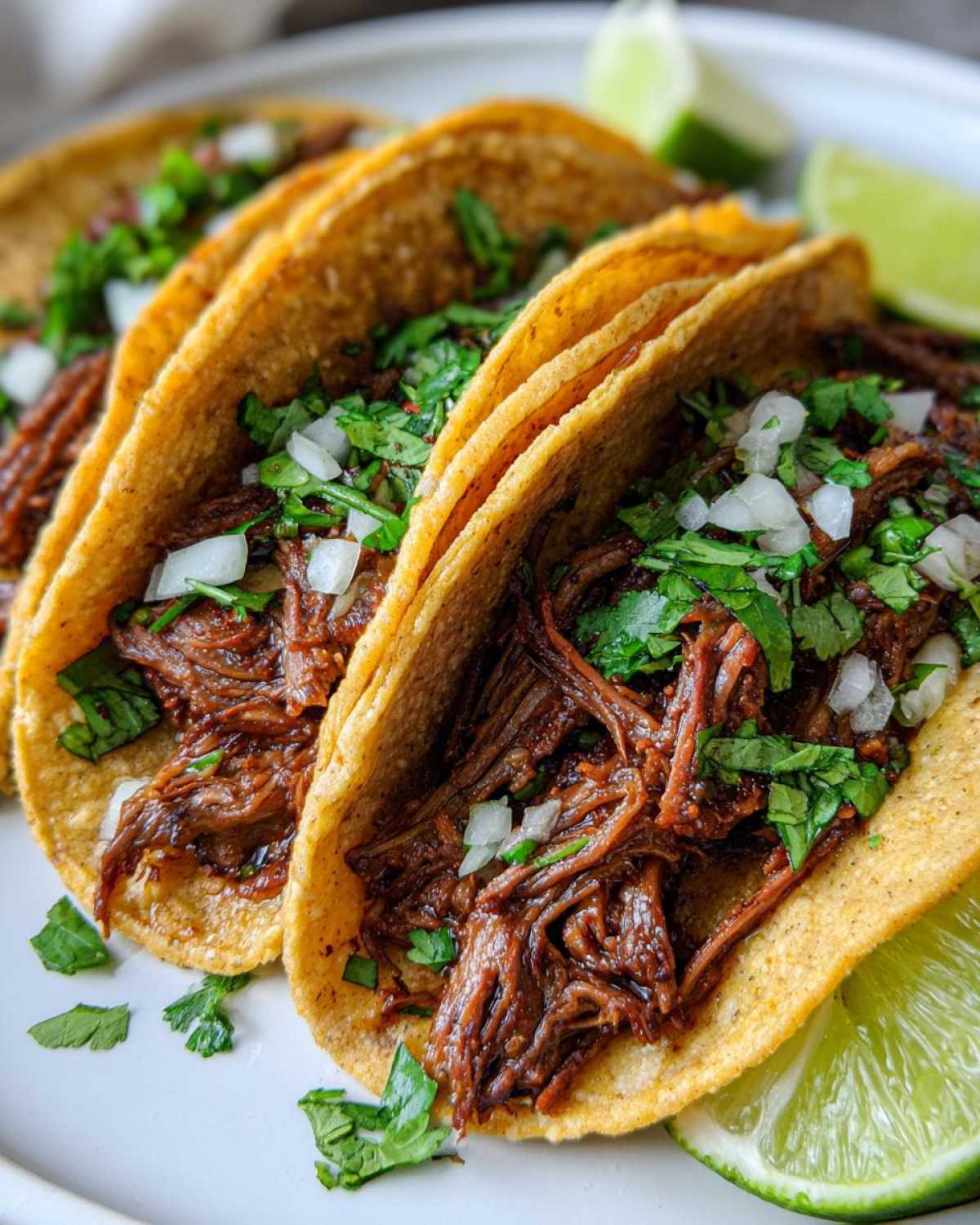 Close-up of three delicious slow cooker shredded beef tacos topped with onions and cilantro, served with lime wedges.