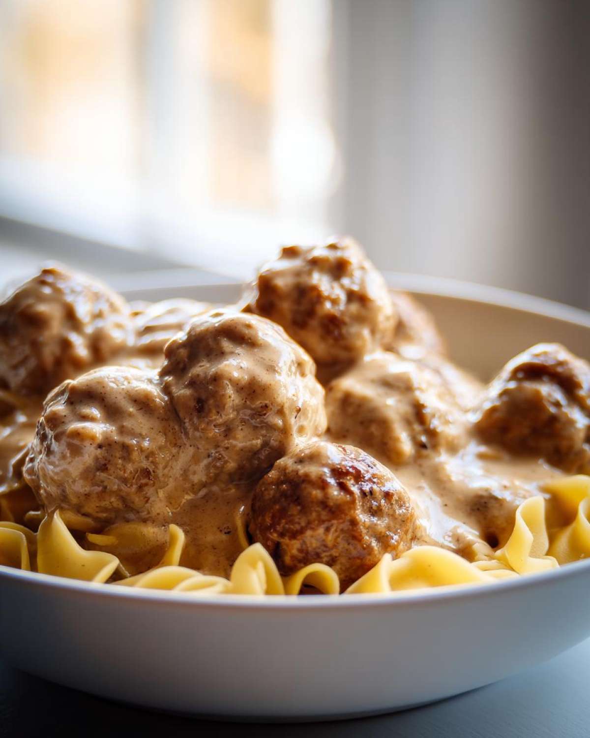 Close-up of slow cooker Swedish meatballs covered in a rich, creamy sauce, served over egg noodles.