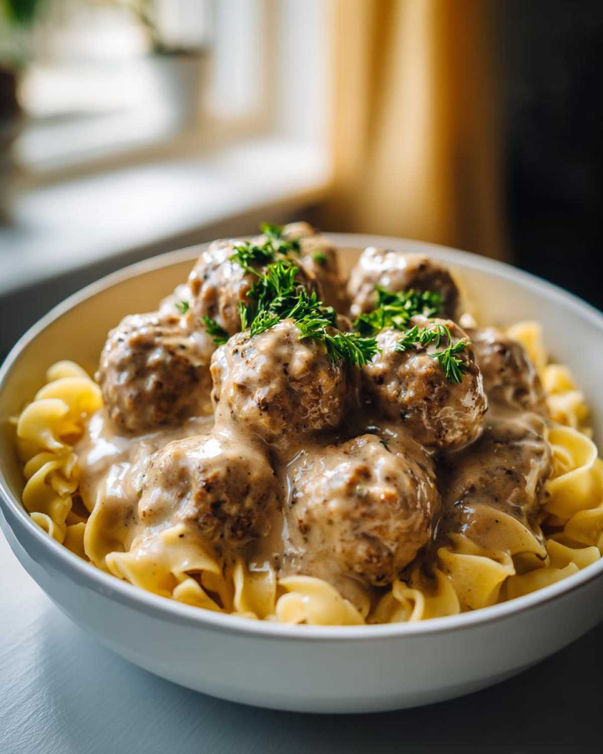 A bowl of slow cooker Swedish meatballs covered in creamy sauce, served over egg noodles and garnished with parsley.