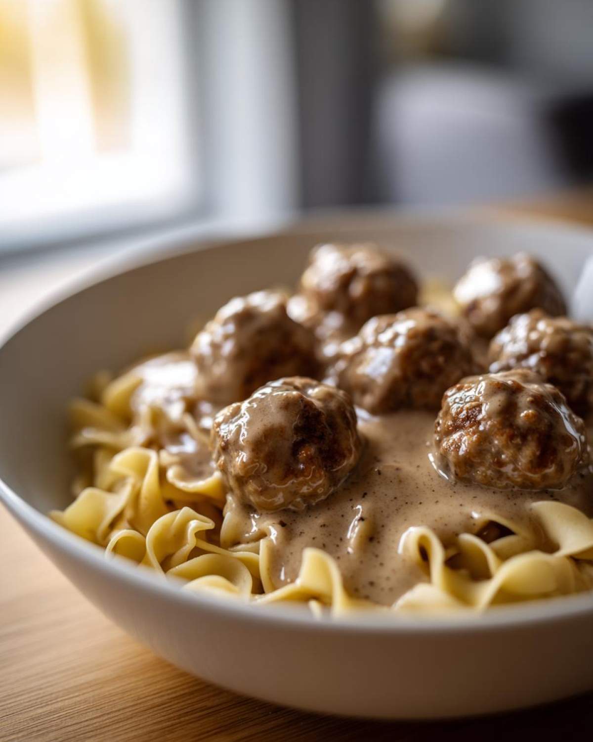 A close-up of slow cooker Swedish meatballs smothered in creamy sauce, served over wide egg noodles in a white bowl.