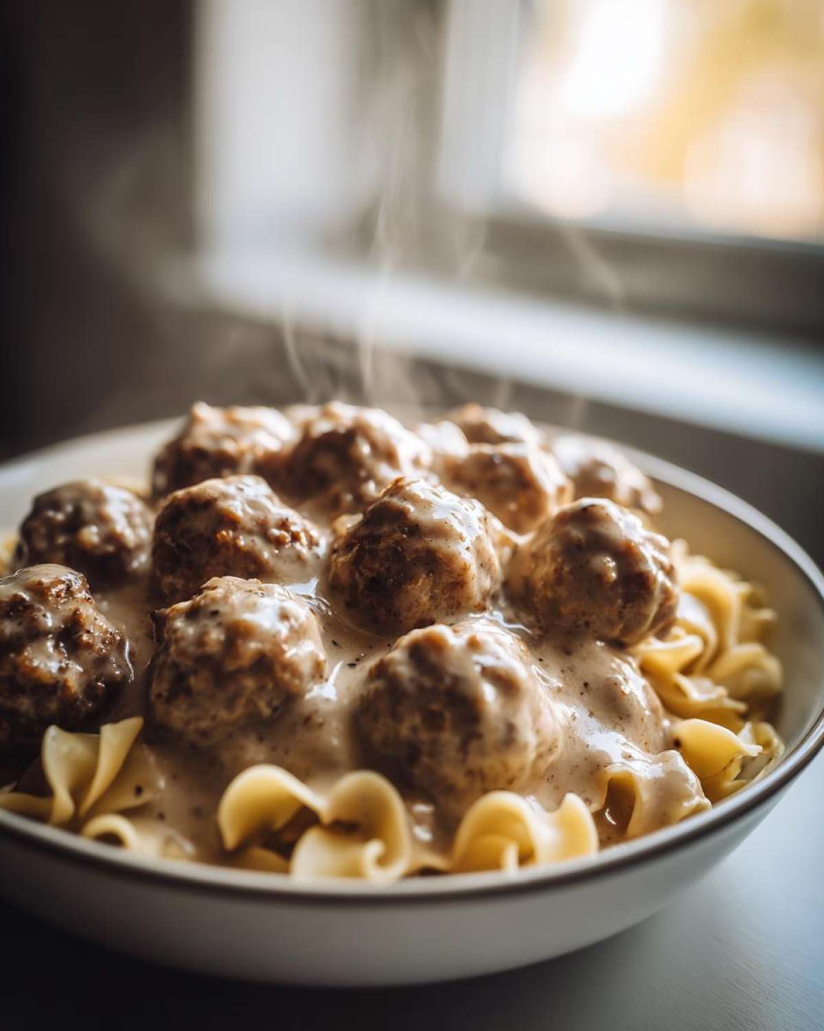 A close-up shot of steaming slow cooker Swedish meatballs served over egg noodles in a creamy sauce.