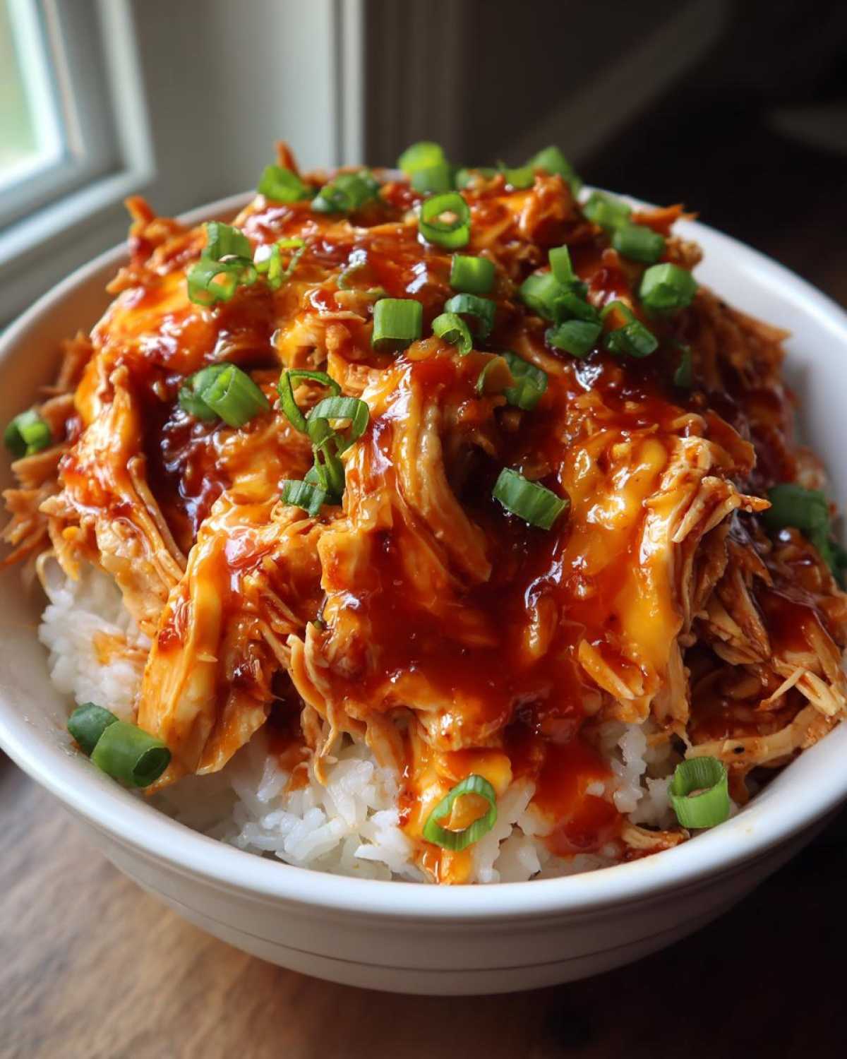 A bowl of white rice topped with shredded slow cooker sweet chili chicken and chopped green onions.
