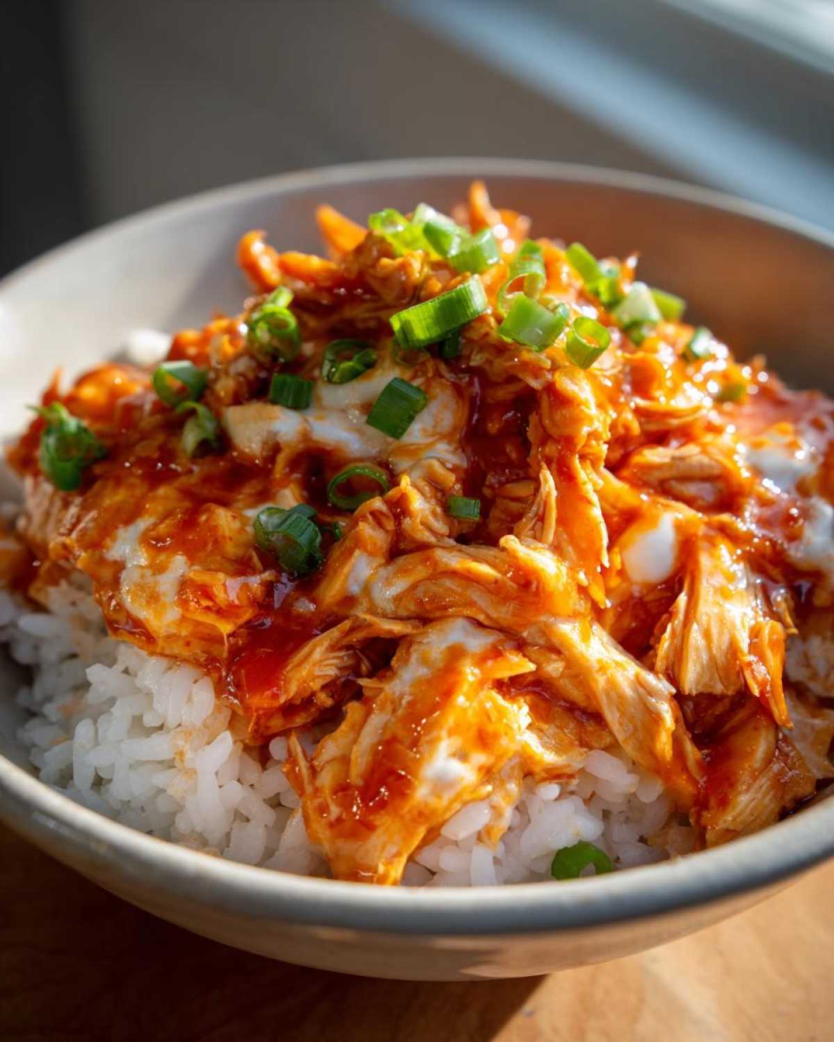 A bowl of white rice topped with shredded slow cooker sweet chili chicken and garnished with chopped green onions.