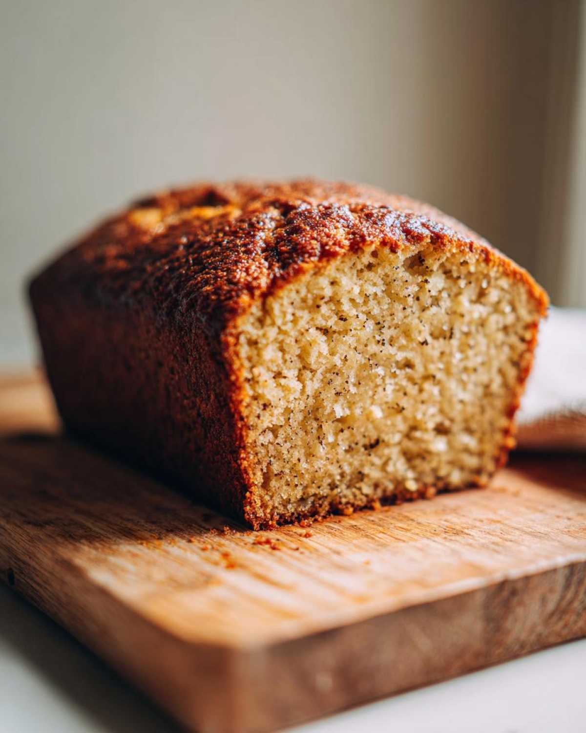 A close-up of a moist sourdough pumpkin bread loaf with a golden-brown crust, sliced on a wooden board.