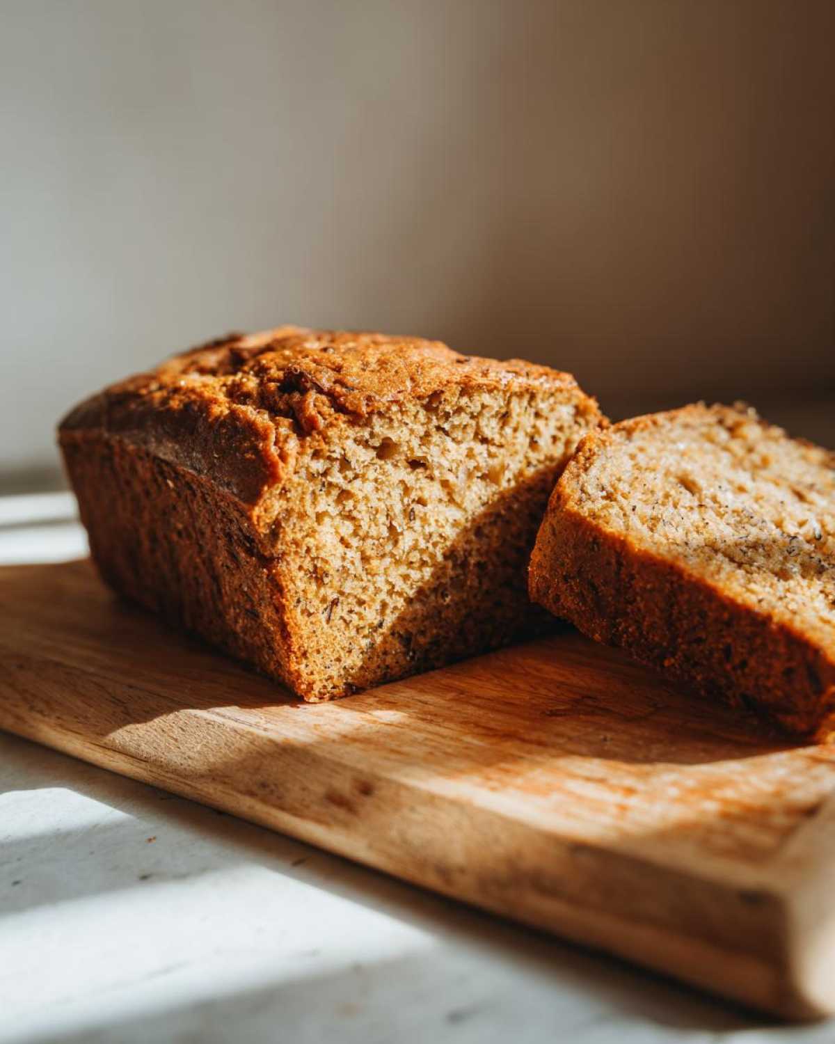 A close-up of a moist sourdough pumpkin bread loaf with one slice cut, on a wooden board.