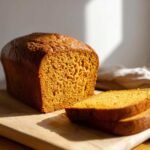A close-up of a freshly baked sourdough pumpkin bread loaf with two slices cut and stacked on a wooden cutting board.