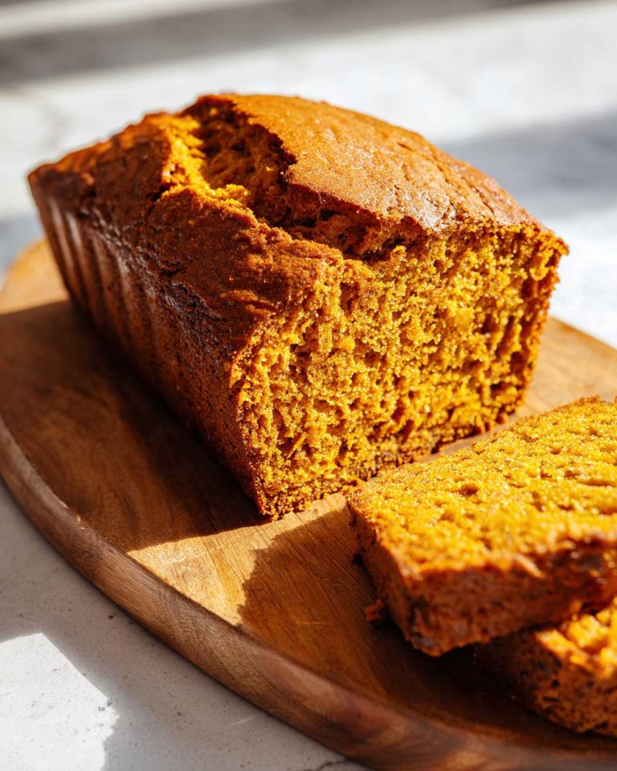 A close-up of a moist sourdough pumpkin bread loaf on a wooden board, with two slices cut.