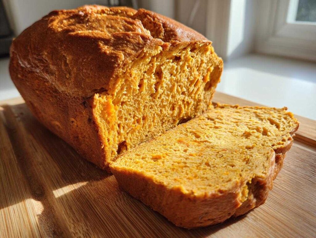 A close-up of a slice of moist sourdough pumpkin bread on a wooden cutting board.