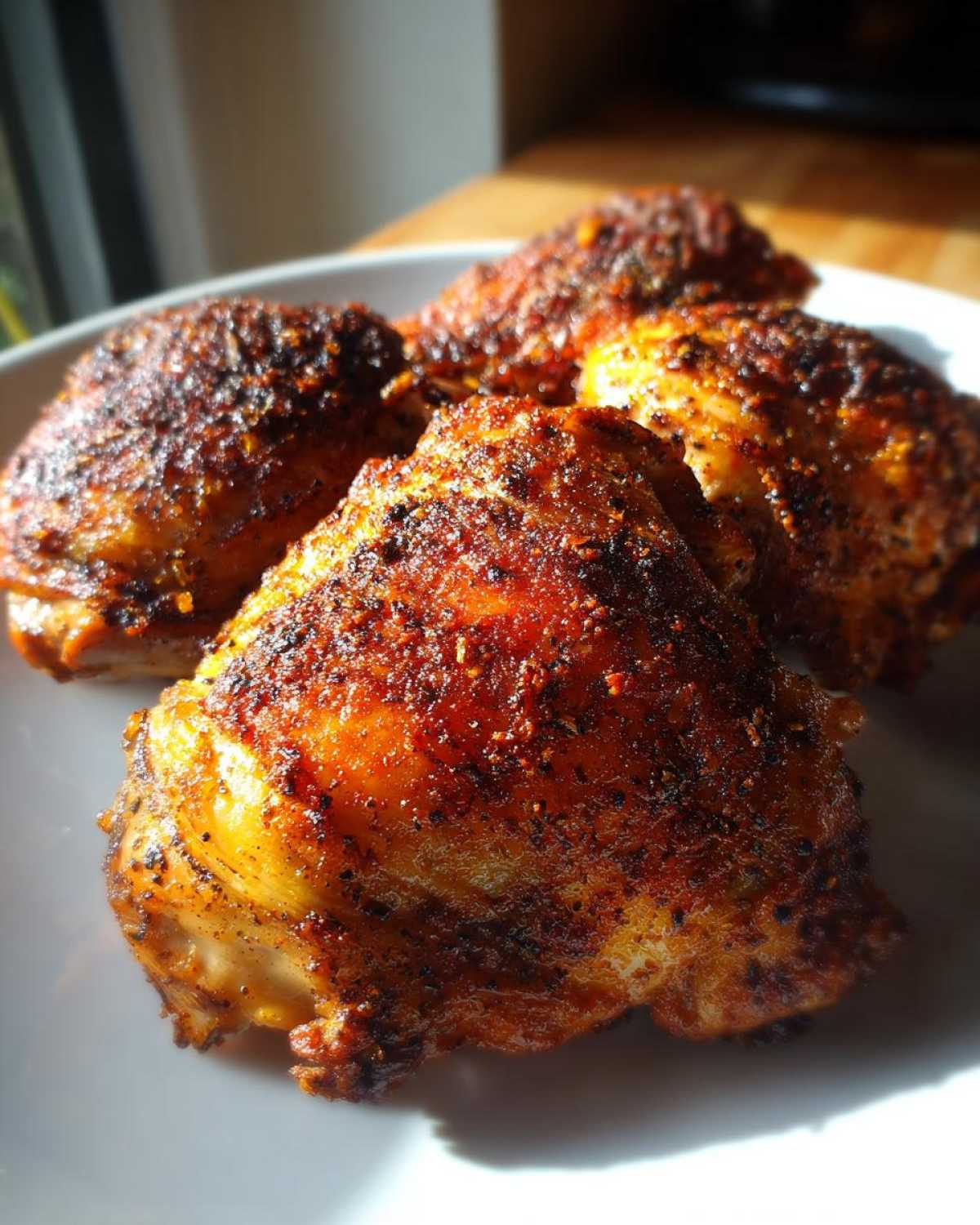 Close-up of four seasoned southern baked chicken thighs on a white plate, with crispy skin.