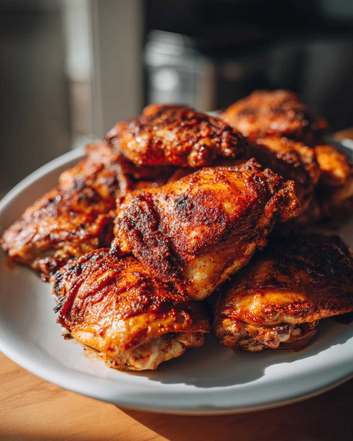 A close-up of a pile of crispy southern baked chicken thighs on a white plate, seasoned and browned.