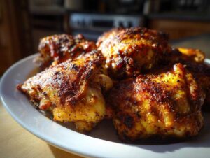 Close-up of perfectly seasoned and crispy southern baked chicken thighs on a white plate.