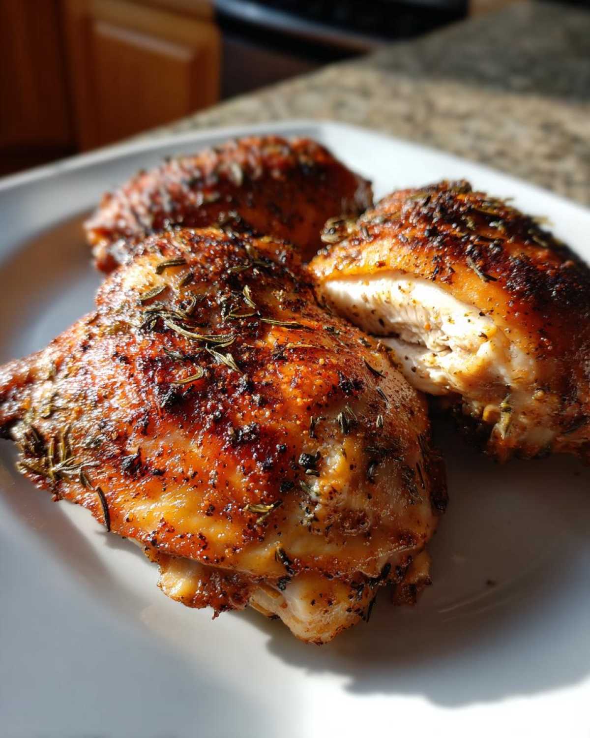 Close-up of three golden-brown southern baked chicken thighs seasoned with herbs on a white plate.