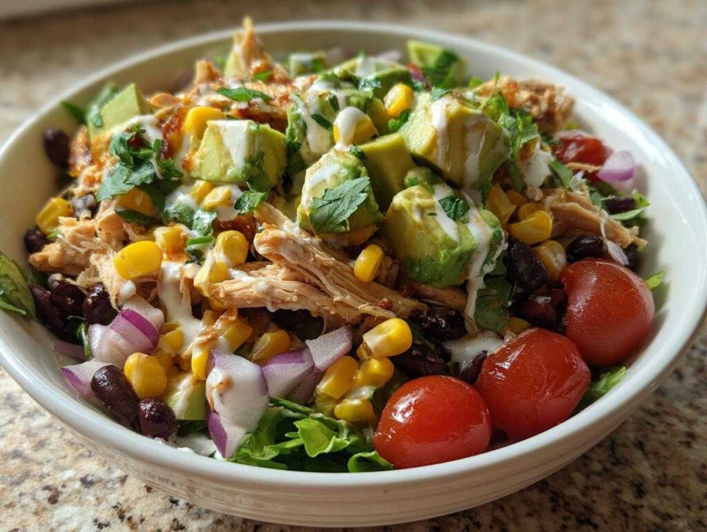 A vibrant bowl of Southwest chicken salad featuring shredded chicken, black beans, corn, avocado, red onion, and tomatoes, drizzled with dressing.