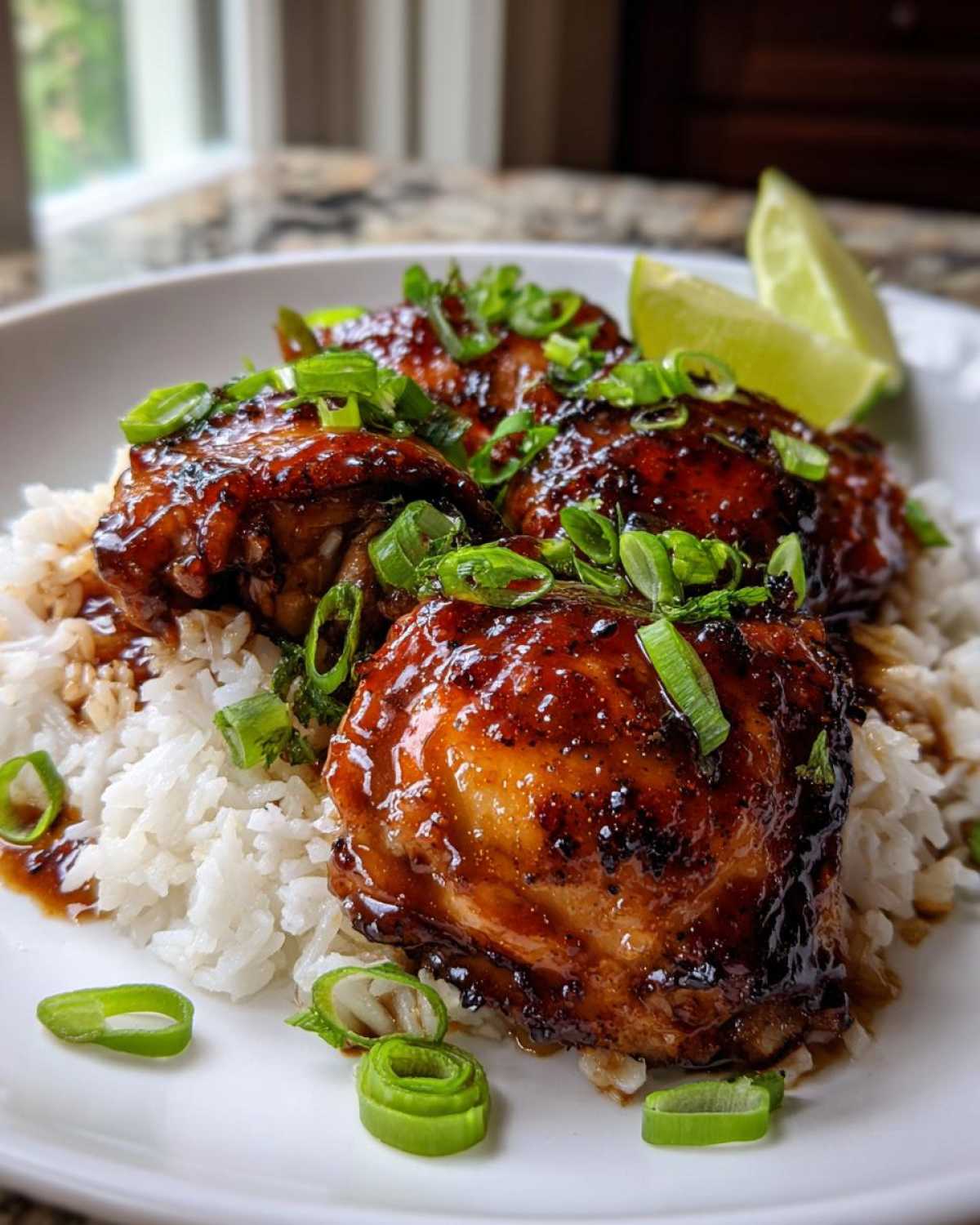 A close-up of spicy maple chicken served over coconut rice, garnished with green onions and lime wedges.