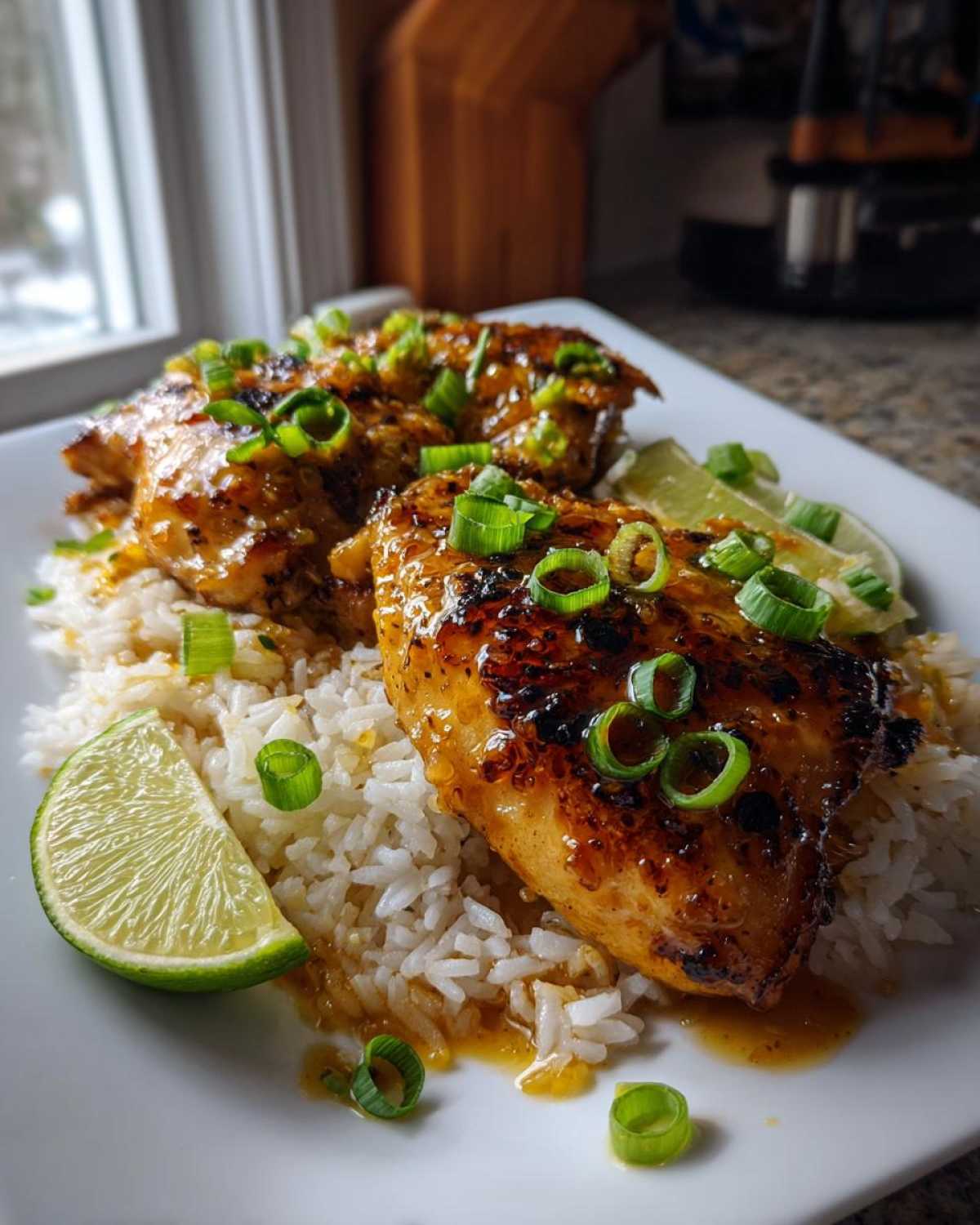 A close-up of spicy maple chicken served over fluffy coconut rice, garnished with fresh lime wedges and chopped green onions.