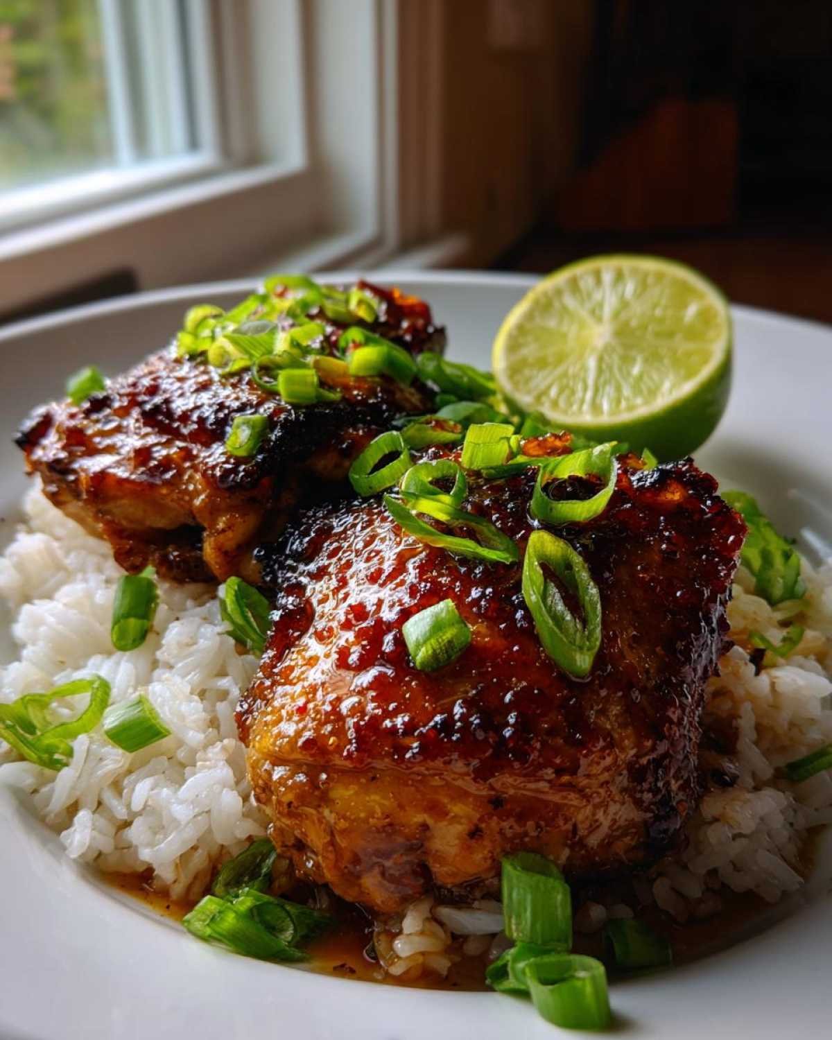 A close-up of spicy maple chicken served over coconut rice, garnished with chopped green onions and a lime wedge.