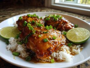 A close-up of spicy maple chicken served over coconut rice, garnished with green onions and lime wedges.