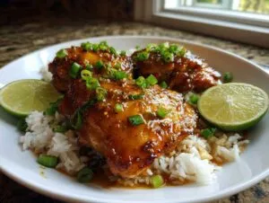 A close-up of spicy maple chicken served over coconut rice, garnished with green onions and lime wedges.