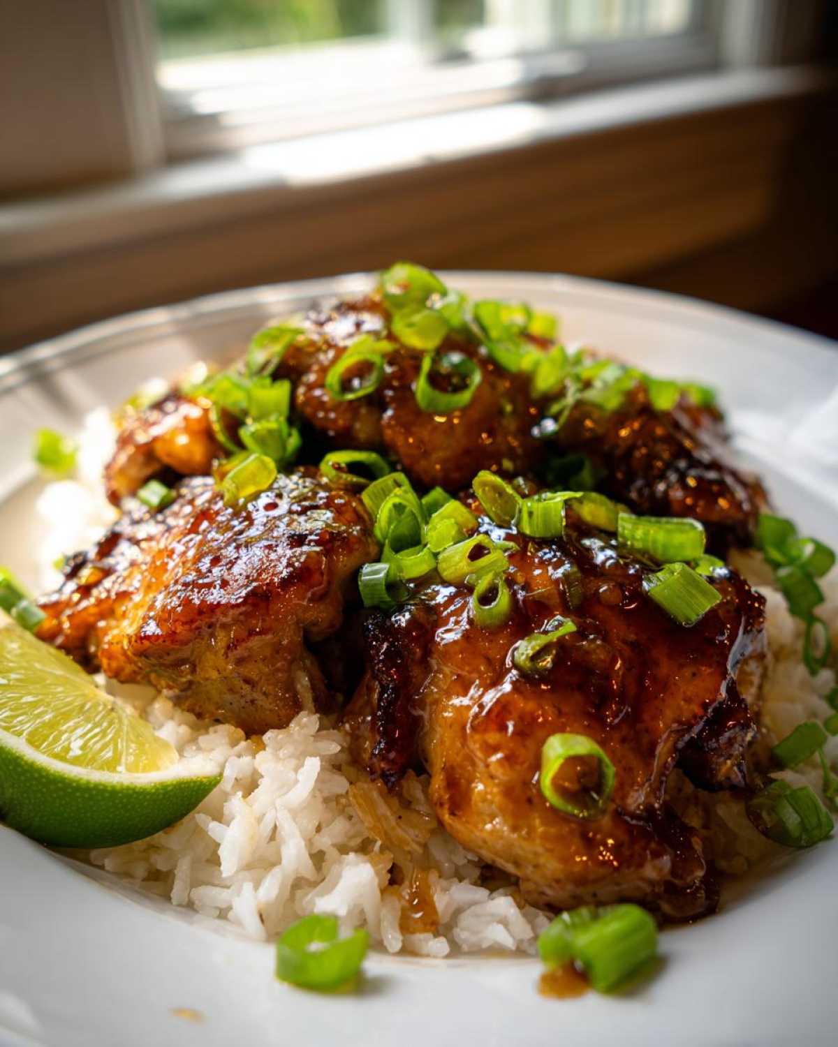 A close-up of spicy maple chicken served over coconut rice, garnished with green onions and a lime wedge.
