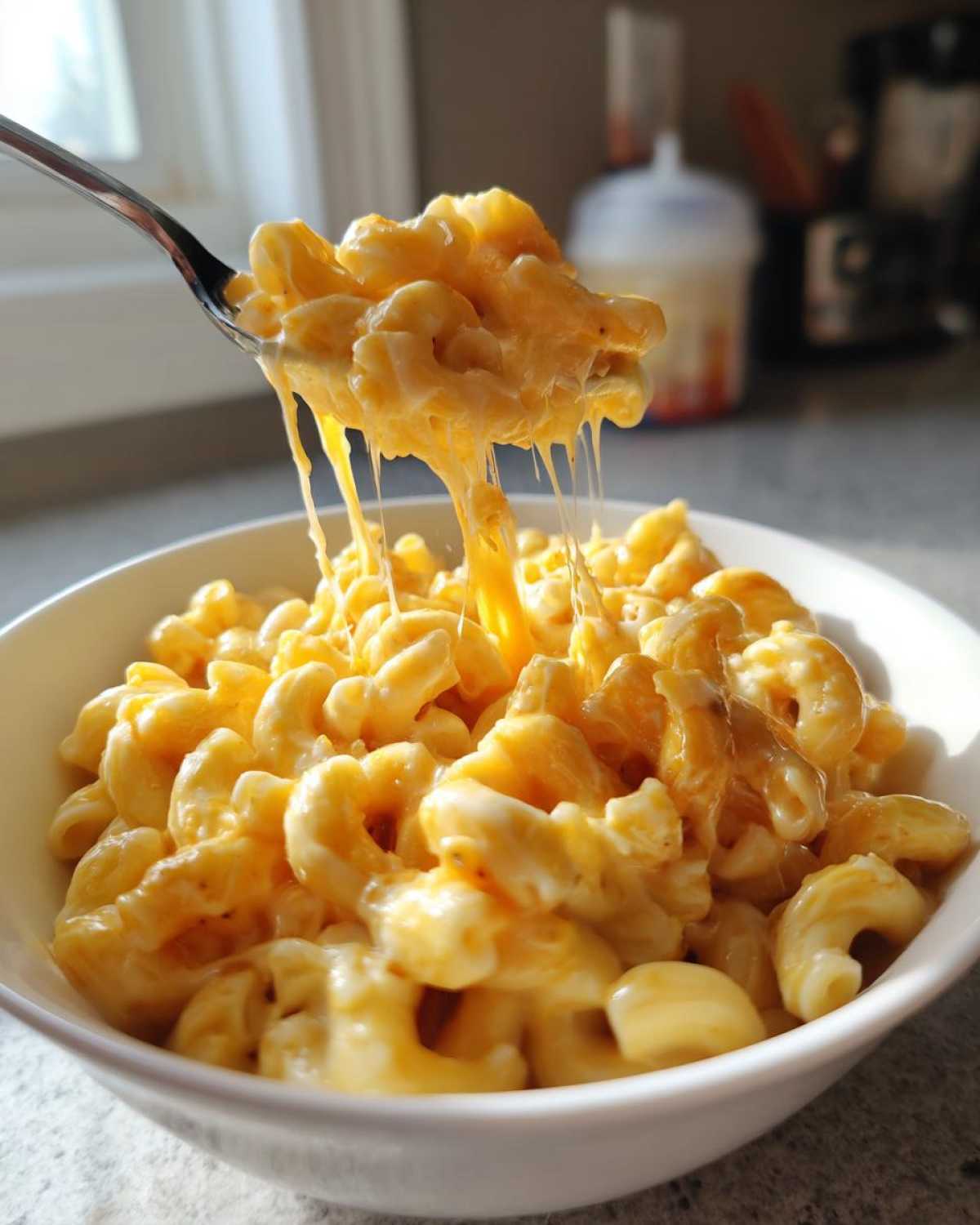 A fork lifting a generous portion of creamy stovetop mac and cheese, with long strands of melted cheese stretching.