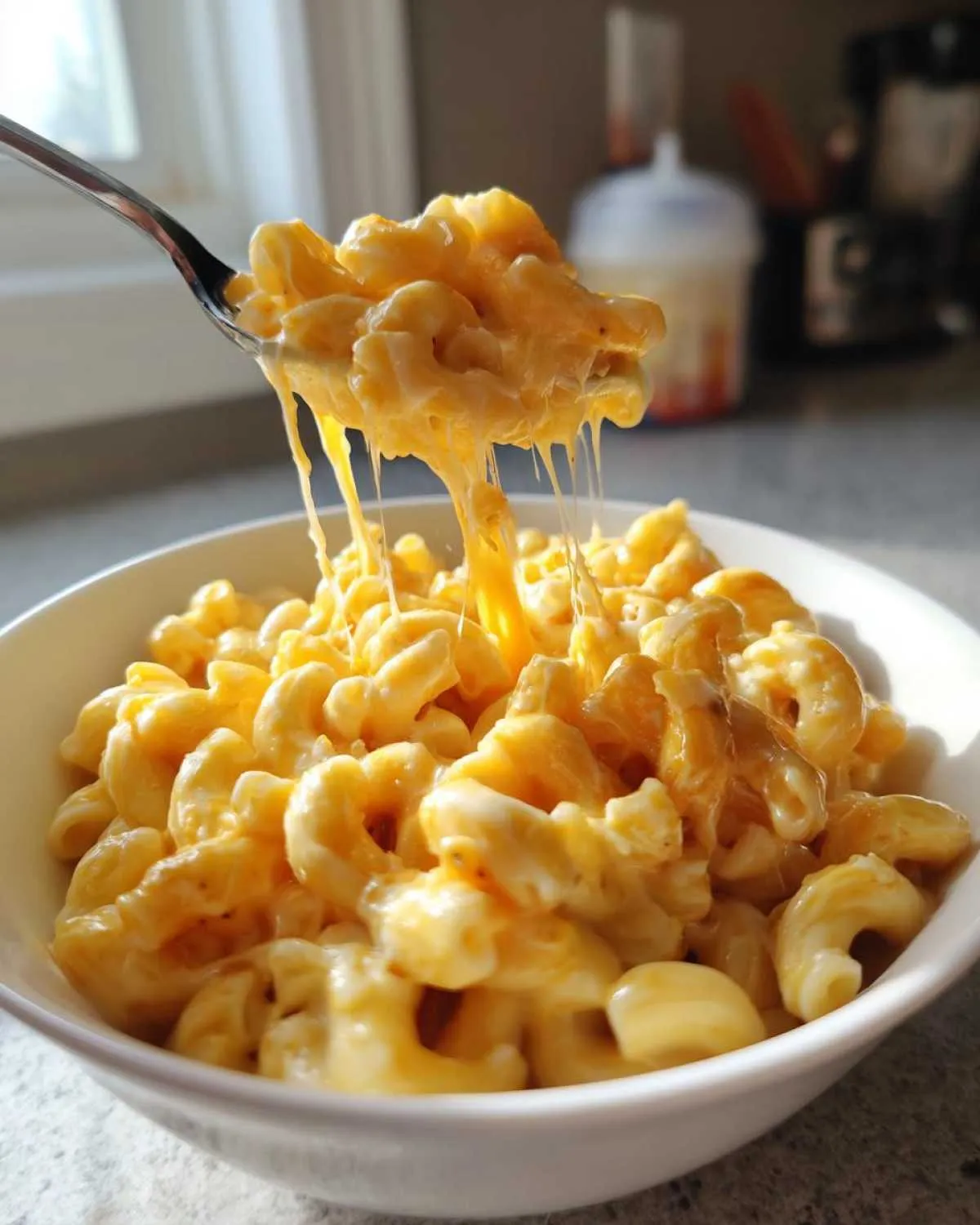 A fork lifting a generous portion of creamy stovetop mac and cheese, with long strands of melted cheese stretching.