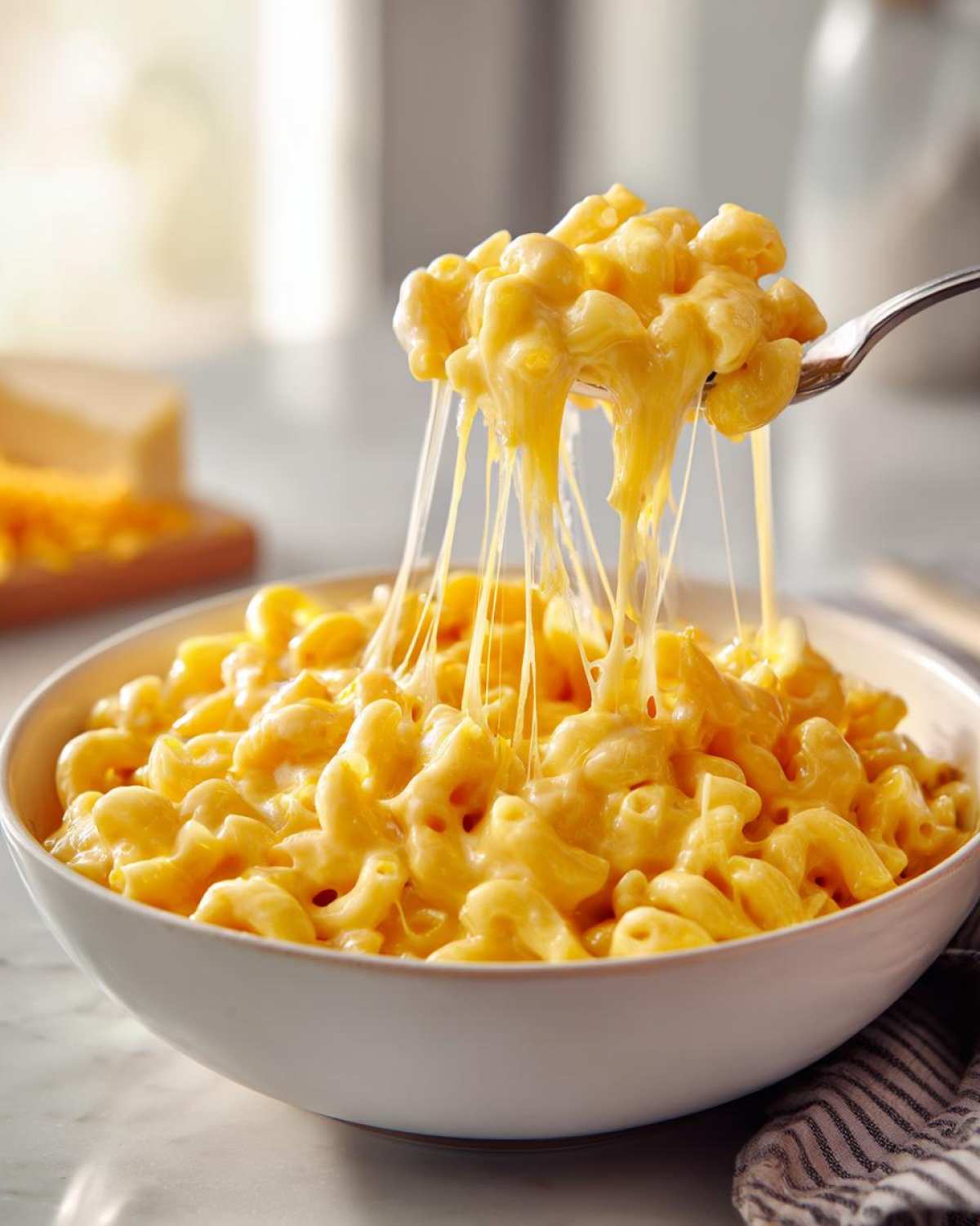 A fork lifting a portion of creamy stovetop mac and cheese, showing a satisfying cheese pull.