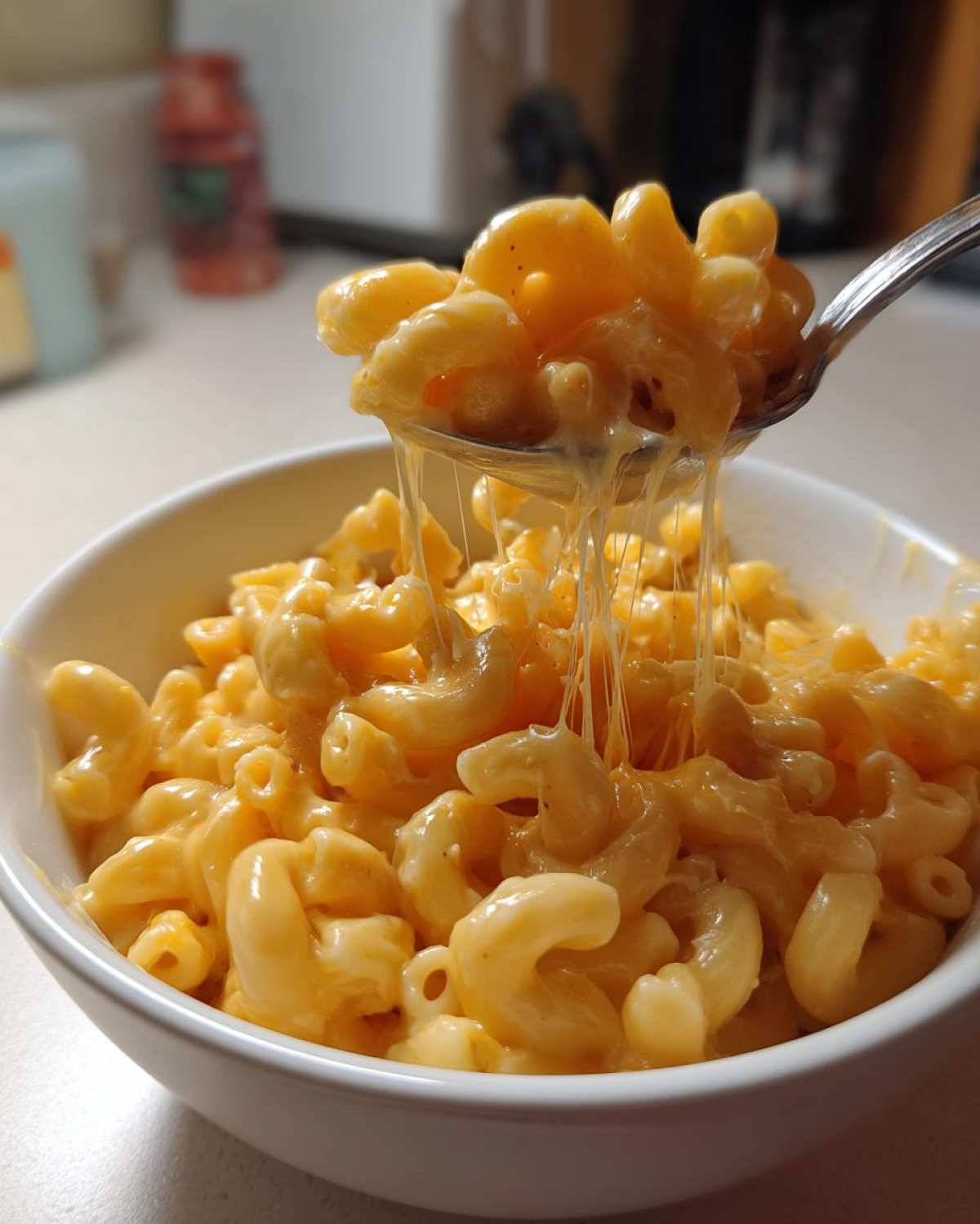 A spoonful of creamy stovetop mac and cheese being lifted from a white bowl, with long cheese strings stretching.