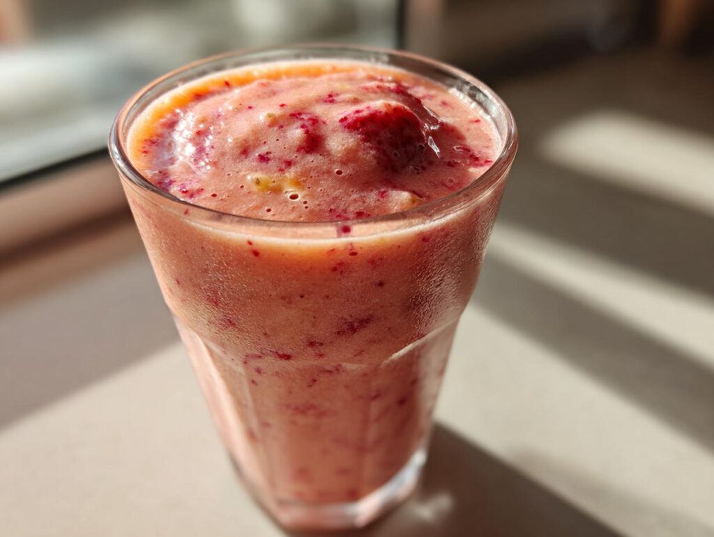 A close-up of a tall glass filled with a vibrant pink Strawberry Mango Smoothie, with visible fruit pieces.