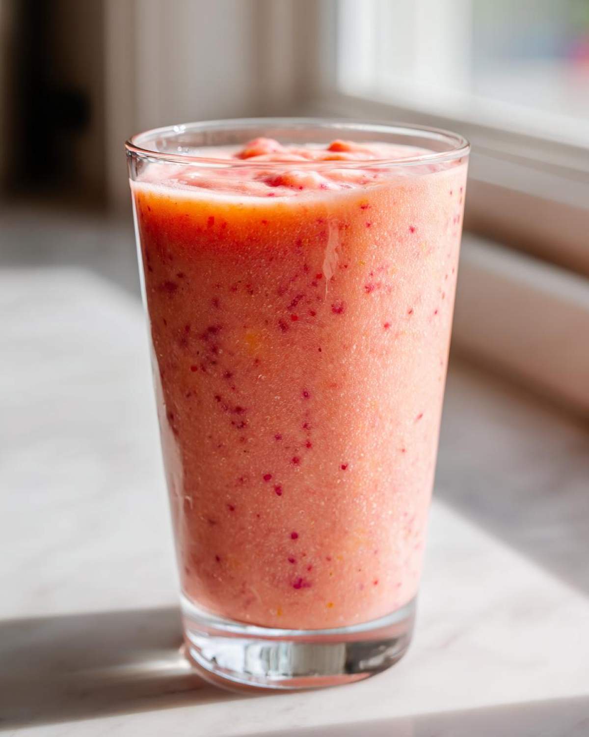 A tall glass filled with a vibrant pink strawberry mango smoothie, showing small red seeds throughout.