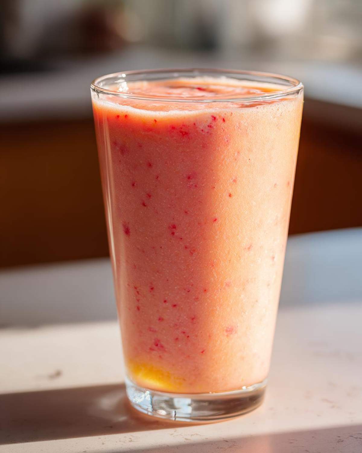 A tall glass filled with a vibrant pink Strawberry Mango Smoothie, with visible strawberry seeds and a hint of mango color.