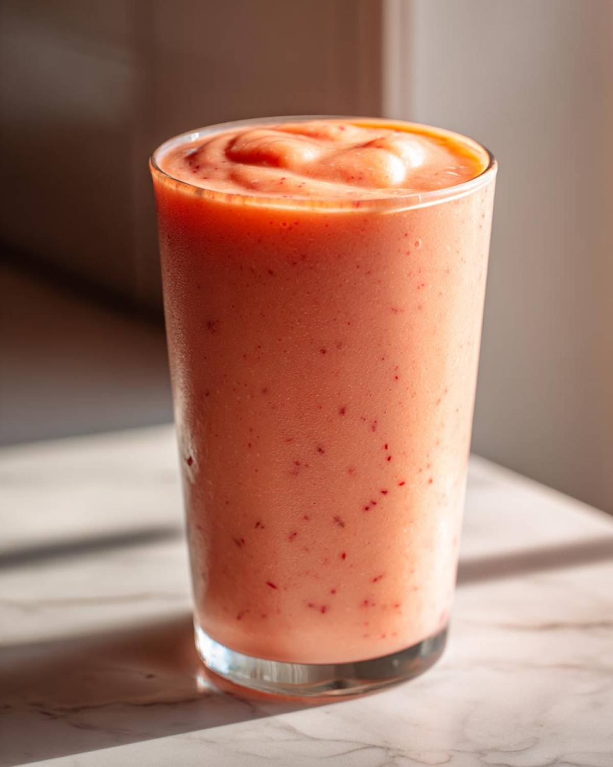 A tall glass filled with a vibrant pink Strawberry Mango Smoothie, showing small red flecks from the strawberries.