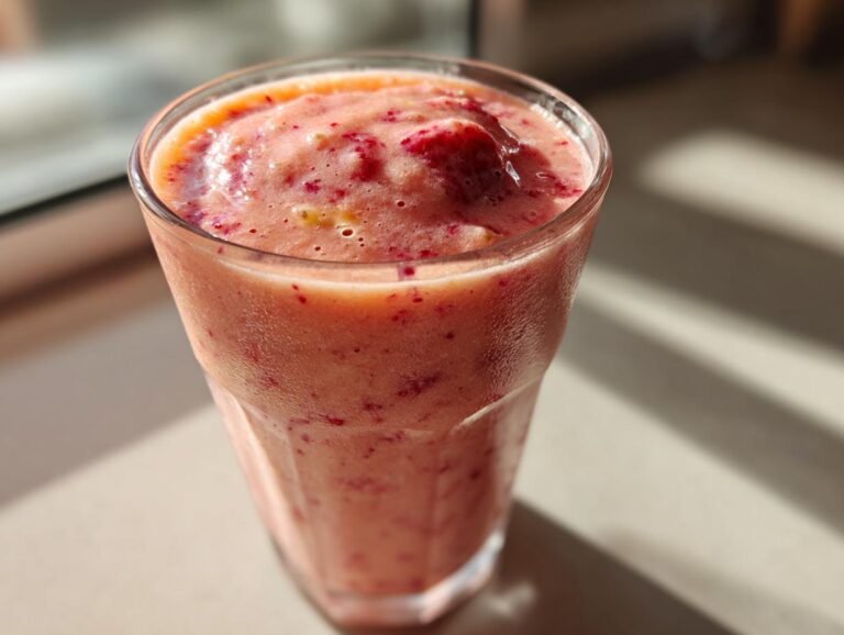 A close-up of a tall glass filled with a vibrant pink Strawberry Mango Smoothie, with visible fruit pieces.