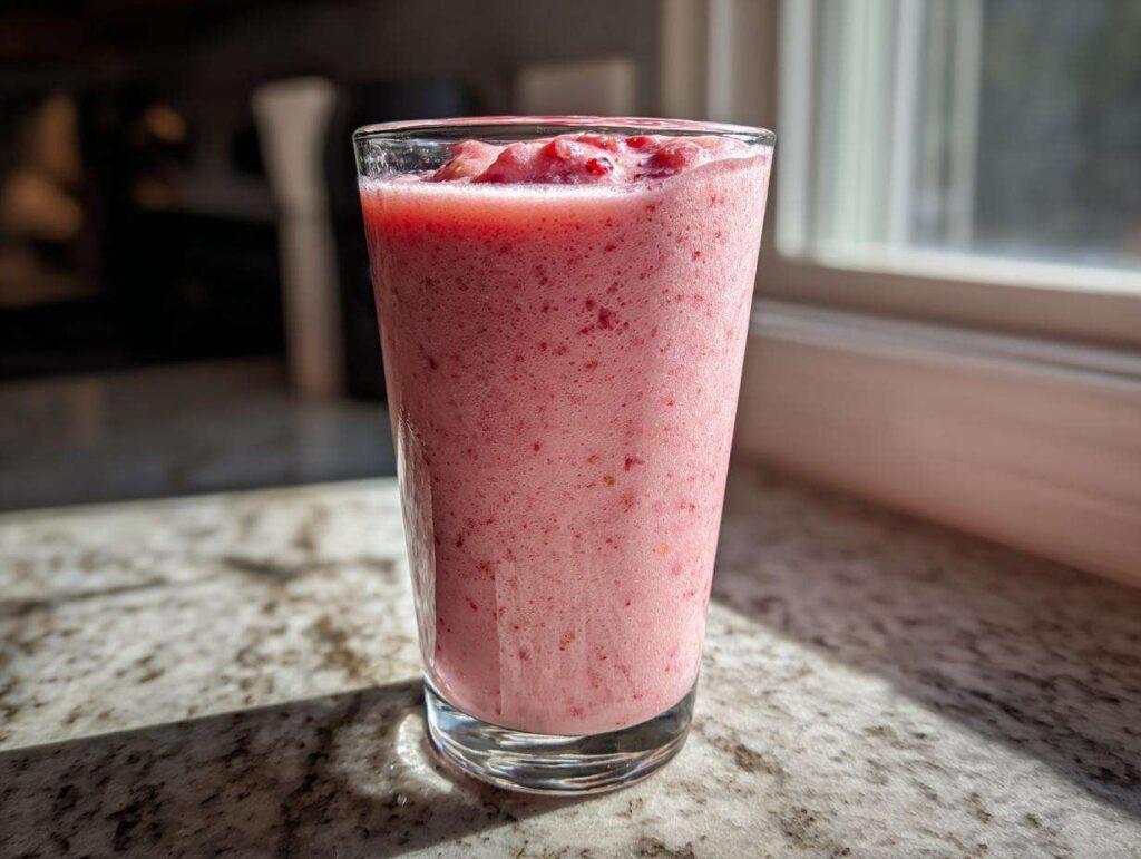 A tall glass filled with a frothy pink Strawberry Pina Colada Smoothie, garnished with fresh berries.